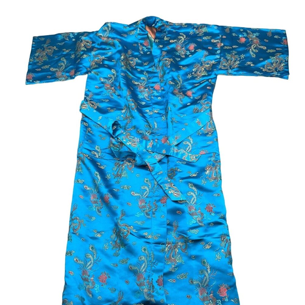 Jin Hon Kimono Robe Women Medium Blue Red Multi Floral Japanese Tie Long‎ VTG